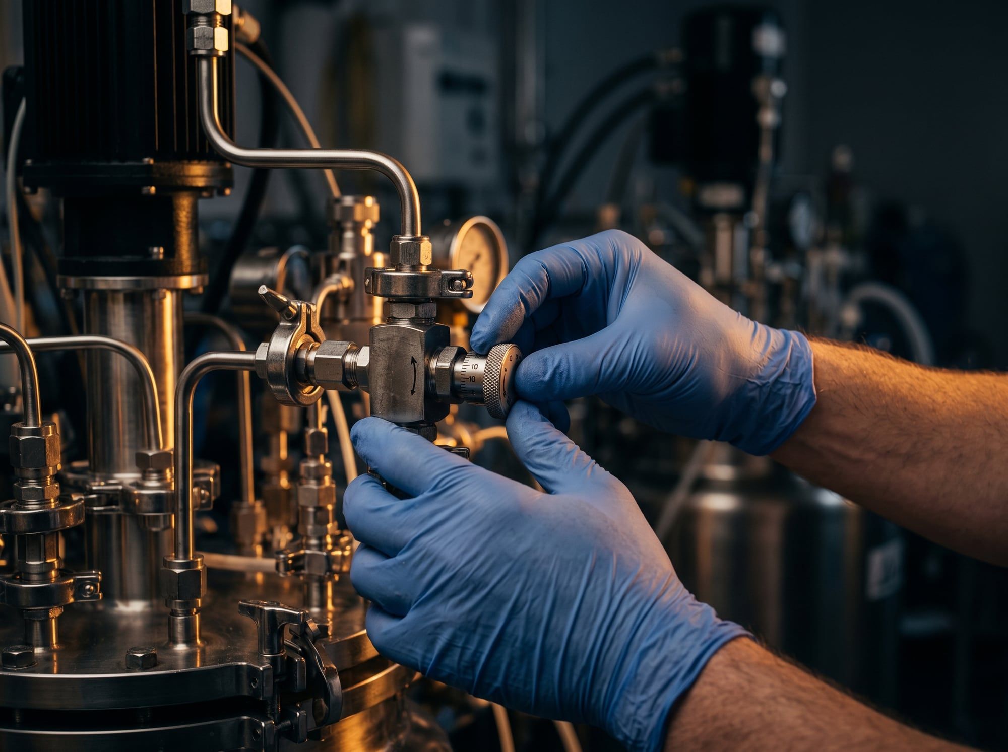 Pioneer Biotech technician calibrating precision bioreactor equipment